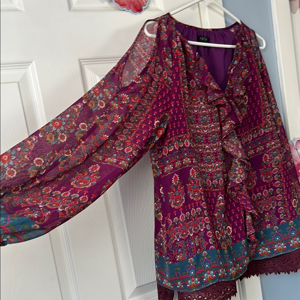 1. State Red and Purple Tie Front Ruffled Blouse - Picture 8 of 11